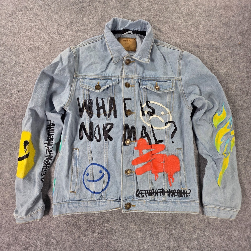 Rue21 Women's Small Graffiti Denim Jean Jacket Streetwear Art "What is Normal"